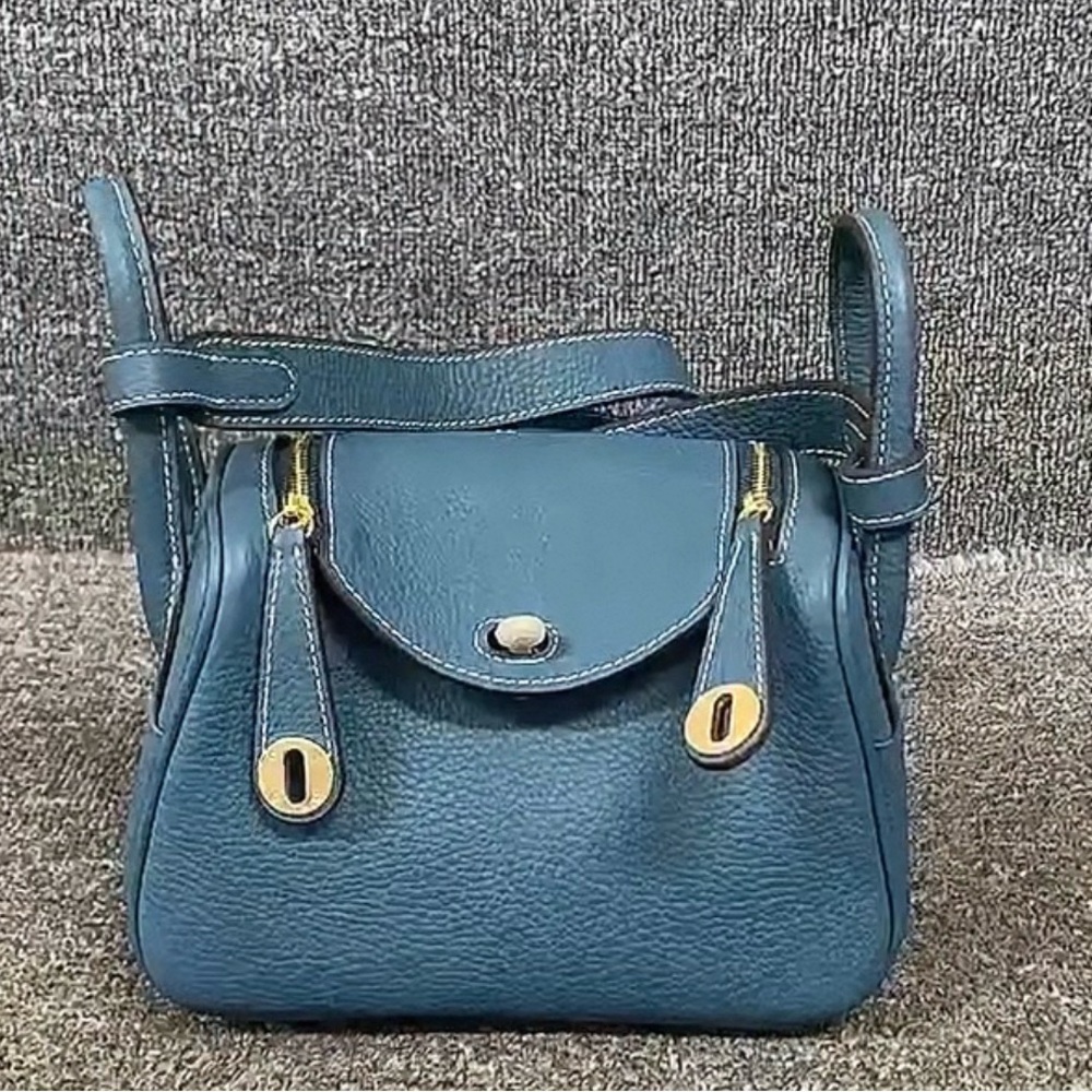 Teal Leather Crossbody Bag with Gold Hardware
